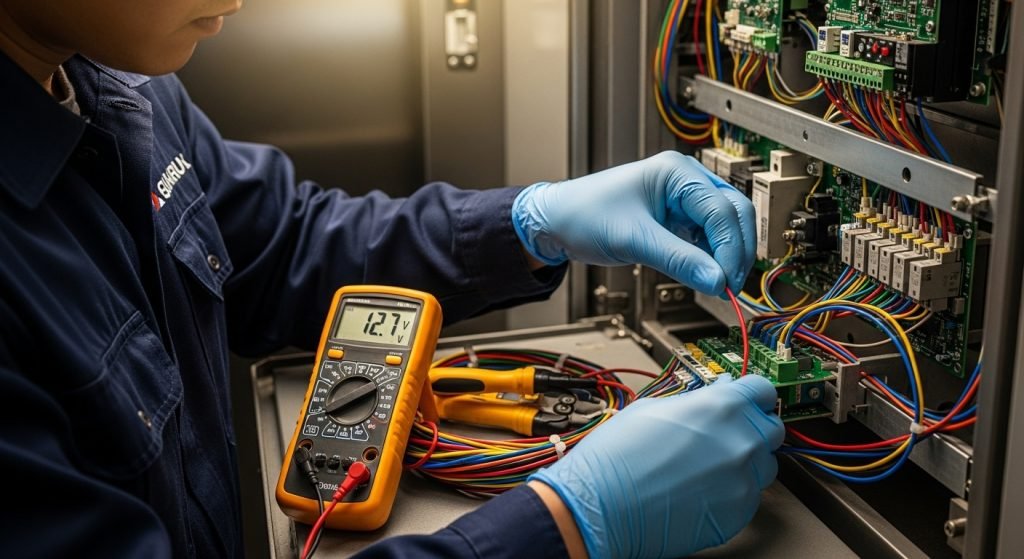 performing maintenance on an elevator control panel.